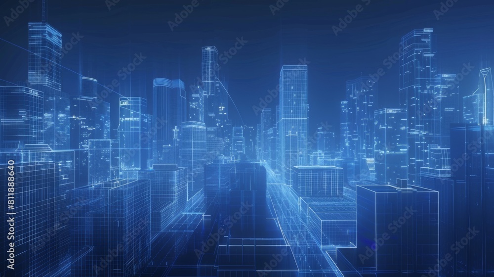 Line-based translucent graphics with street scenery buildings, smart city, future city, city centre, downtown business Line-based translucent graphics with street scenery buildings, smart city, future city, city centre, downtown business