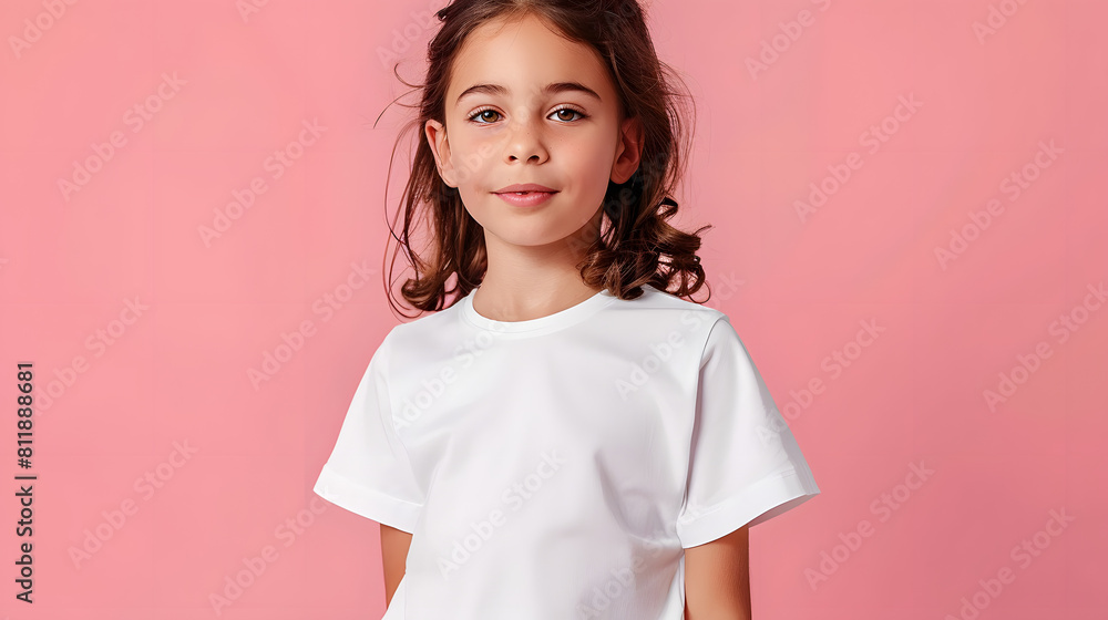 Female child, girl wearing bella canvas white shirt mockup, at pink background. Design tshirt template, print presentation mock-up. Female child, girl wearing bella canvas white shirt mockup, at pink background. Design tshirt template, print presentation mock-up.