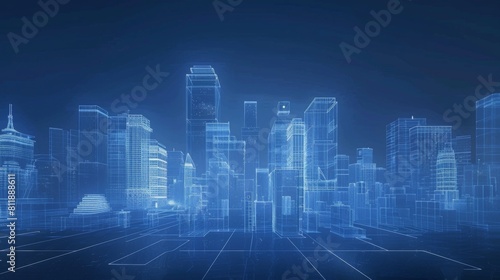 Line-based translucent graphics with street scenery buildings  smart city  future city   city centre  downtown business  