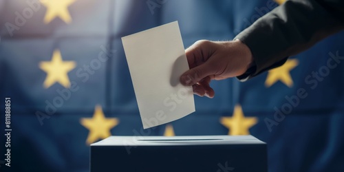 European vote - Arm holding a ballot voting paper centered within the EU flag's in the background, symbolizing active participation in EU elections photo