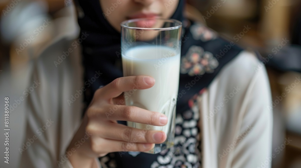 An Asian woman wearing a hijab gracefully cradles a glass of milk setting the stage for World Milk Day An Asian woman wearing a hijab gracefully cradles a glass of milk setting the stage for World Milk Day