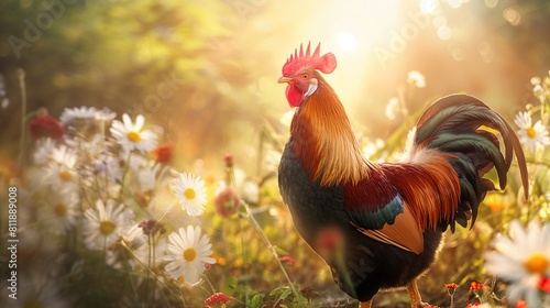 Cute, beautiful rooster in a field with flowers in nature, in the sun's rays. Roosters and hens on an organic farm eating grass in spring. © armensl