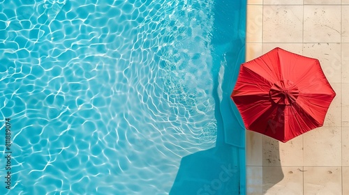 Red umbrella by swimming pool on sunny day