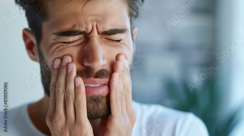 Man holding cheek in pain eyes closed