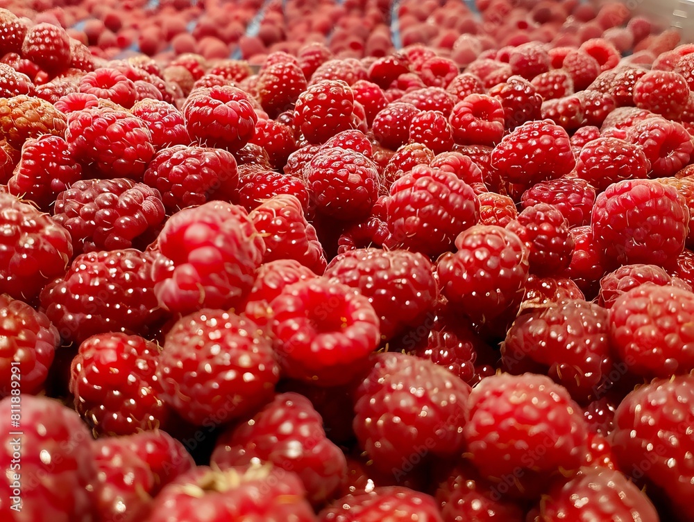 Raspberries in a display at a market. Raspberries in a display at a market.