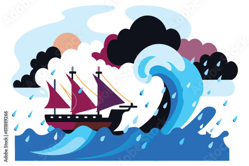 A sailing ship rides high waves, with vivid clouds and sun backdrop