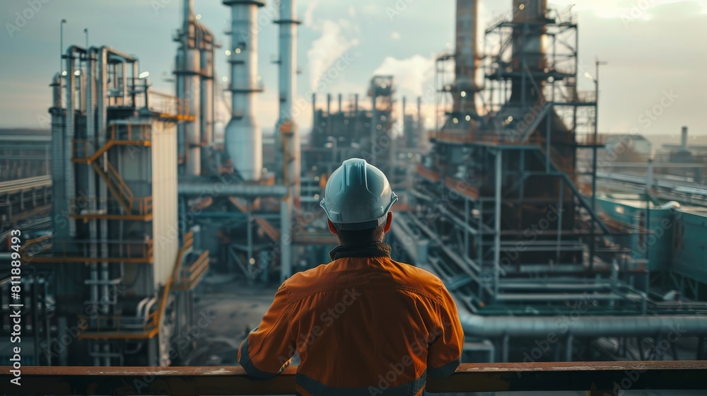 An engineer in a hard hat looking out over an oil refinery