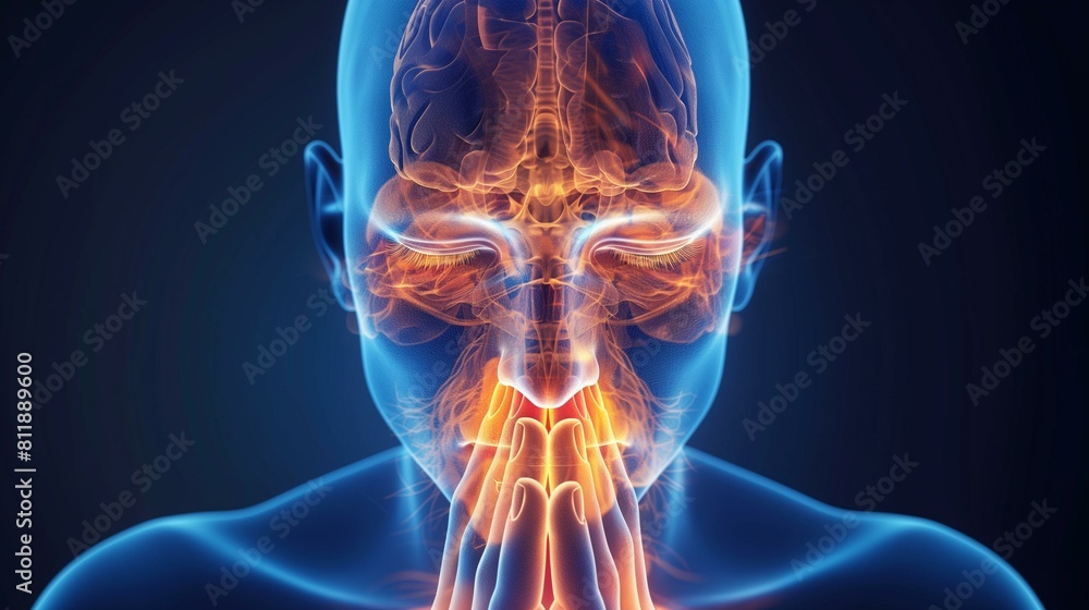 human head showing sinuses nasal cavity, concept of sinus pain
