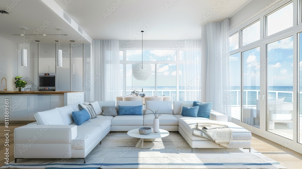 Fototapeta premium Serene Blue Living Room with Modern Furnishings for a Calm and Stylish Home Atmosphere