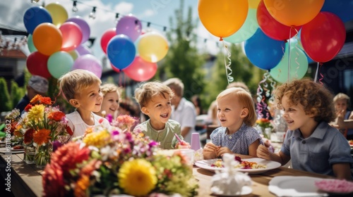 A group of children are sitting at a table outside, eating food and talking. There are balloons and flowers on the table. The children are all smiling and laughing. AIG51A. photo
