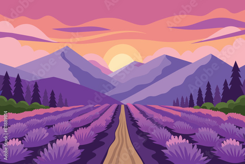 Lavender fields stretch towards a mountain range under a vibrant sunset sky