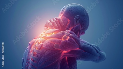 male figure shoulder pain holding neck photo