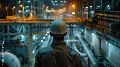 An engineer wearing a hard hat is looking at an oil refinery at night.