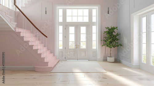 Chic home entry with a blush pink staircase broad front door and wide light hardwood floors reaching up to a high ceiling Soft fashionable interior