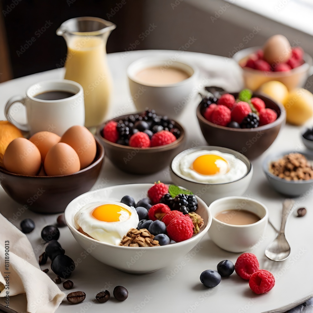 breakfast with eggs, coffee and berries