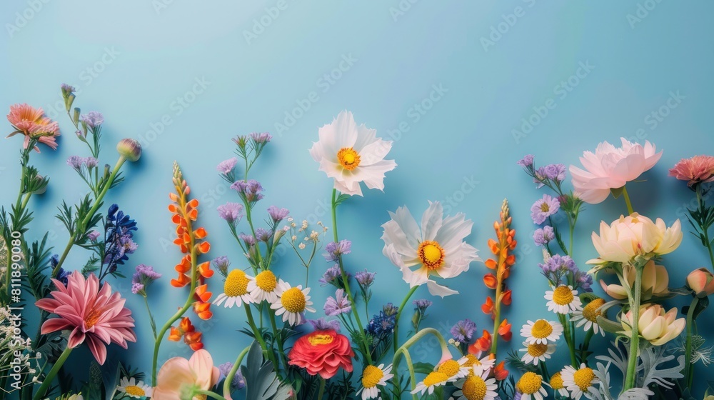 Spring-themed background featuring vibrant flowers on a calming blue backdrop.