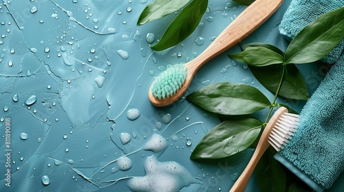 Natural oral body hygiene eco-friendly bamboo toothbrushes washcloth on blue background water drops green leaves photo