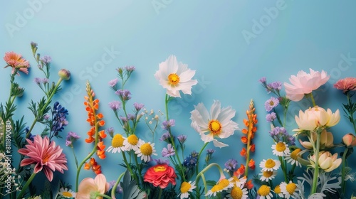 Spring-themed background featuring vibrant flowers on a calming blue backdrop. © Nijat
