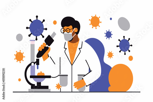 A researcher studies a specimen, surrounded by symbols of viruses