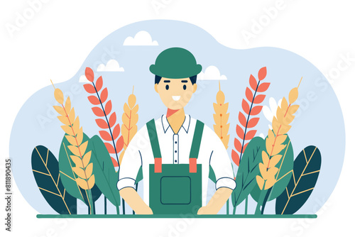 A happy farmer stands with wheat crops, symbolizing agriculture and prosperity