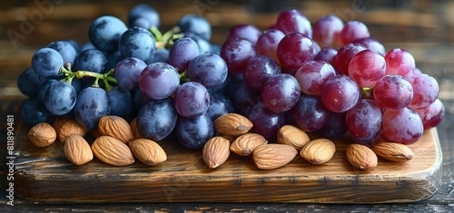 Grapes and almonds on a wooden cutting board.