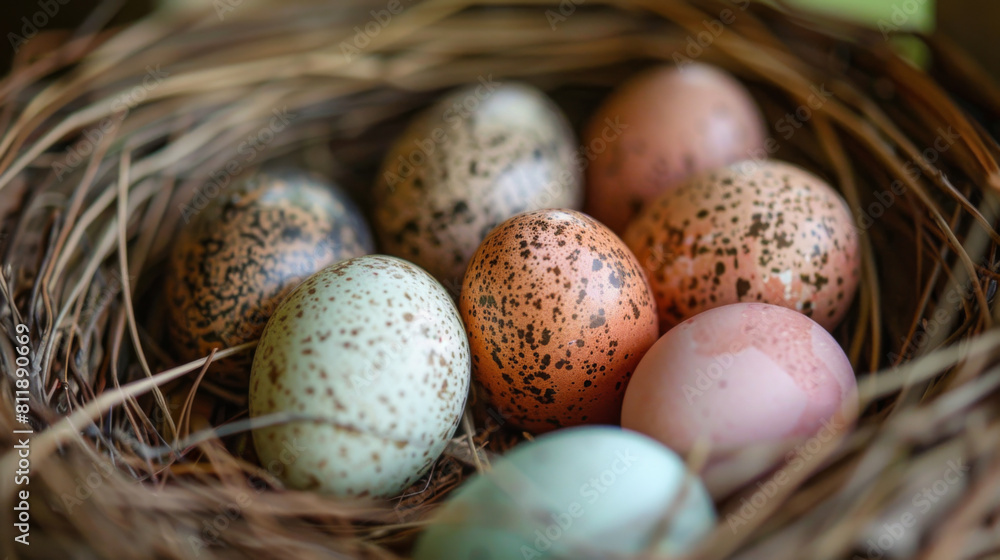 Close-up of speckled eggs in a natural bird's nest, showcasing a variety of colors and textures. Close-up of speckled eggs in a natural bird's nest, showcasing a variety of colors and textures.