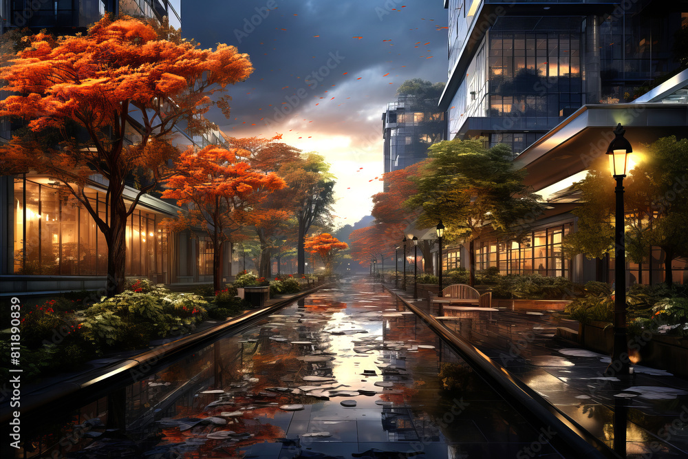 Naklejka premium A rain-soaked street reflecting city lights, capturing the urban charm and atmosphere of autumn rains in the evening.