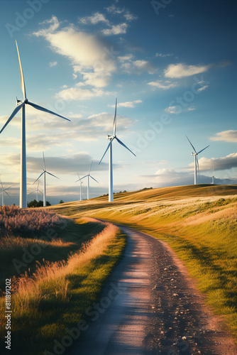 Renewable energy landscape: Wind turbines among the wide fields.