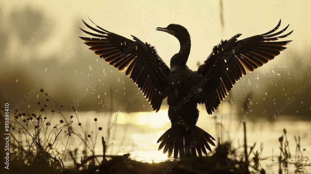 Fototapeta premium A beautiful bird is spreading its wings in the sunset.
