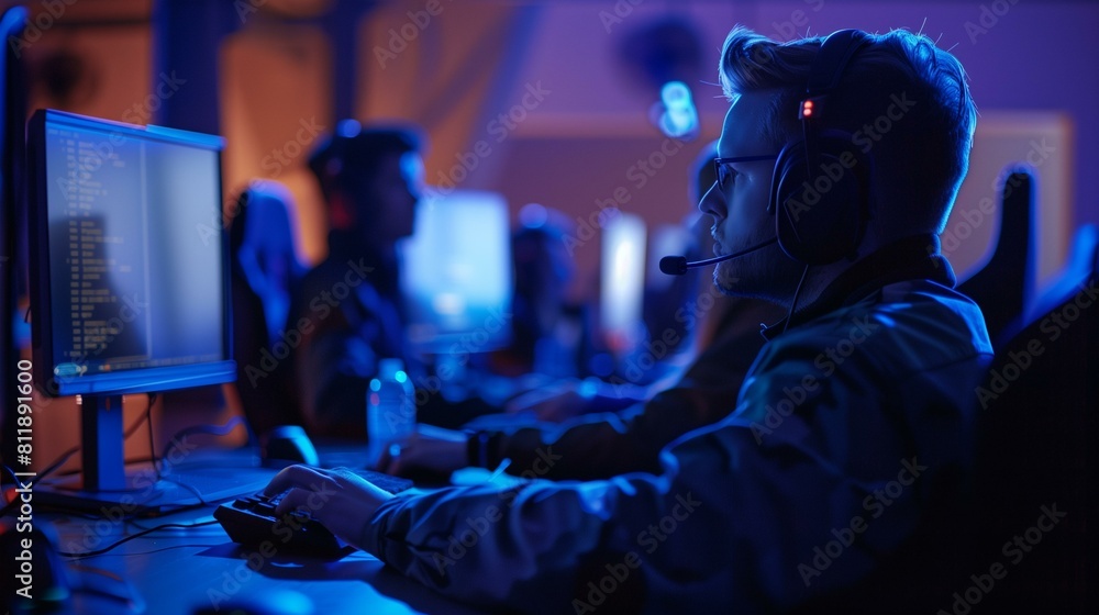 Professional gamer playing video game at night computer headphones blue backlight Professional gamer playing video game at night computer headphones blue backlight