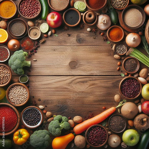 This captivating photograph features a wooden surface with distinct wood grains. Neatly arranged around the border are an assortment of fresh vegetables, fruits, and spices.