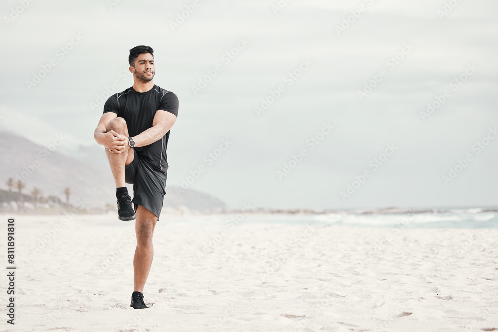 Sea, balance or man stretching legs with fitness for body flexibility, thinking or wellness in running practice. Beach, sky or sports athlete ready for workout, mobility training or exercise warm up Sea, balance or man stretching legs with fitness for body flexibility, thinking or wellness in running practice. Beach, sky or sports athlete ready for workout, mobility training or exercise warm up