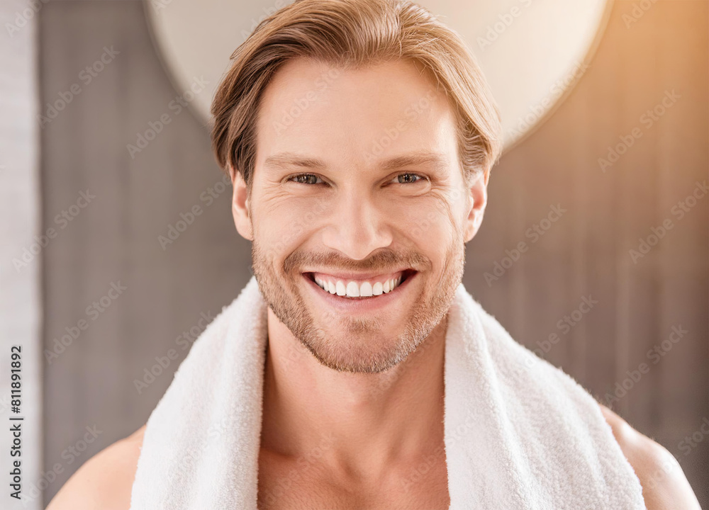 Good looking smiling man standing in bathroom after shower Good looking smiling man standing in bathroom after shower