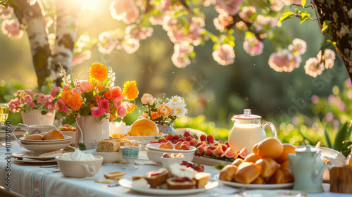 A beautifully set breakfast table outdoors, adorned with colorful flowers, pastries, and fruits, under blossoming trees.
