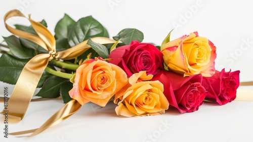 Bouquet of colorful roses decorated with golden silky ribbon tie isolated on white background with copy space  concept of birthday  Valentine  Christmas  pride  mother s day celebration