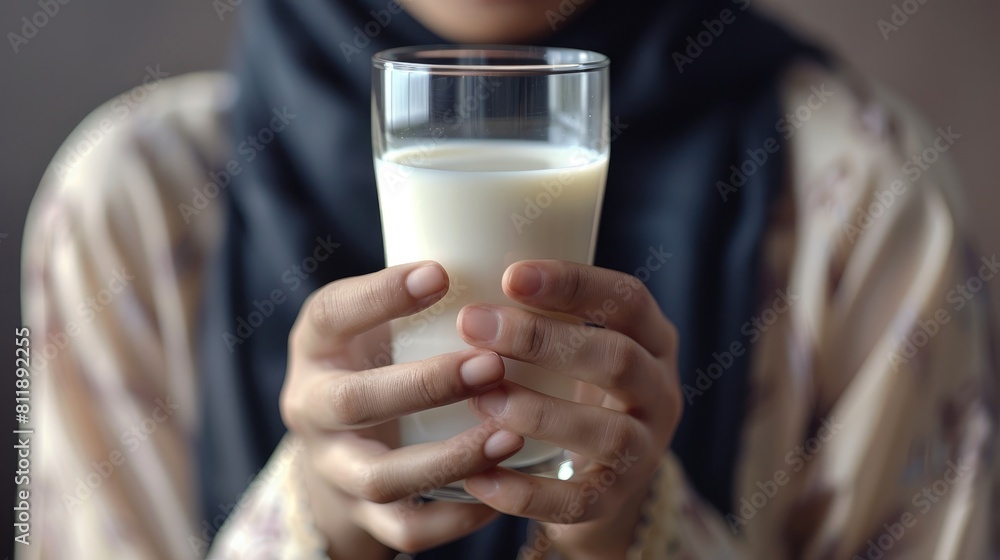 An Asian woman wearing a hijab elegantly cradling a glass of milk sets the stage for World Milk Day An Asian woman wearing a hijab elegantly cradling a glass of milk sets the stage for World Milk Day