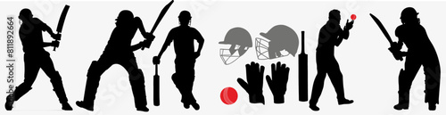 Cricket player with different cricketing tool helmet, gloves, cricket ball, pad, batsman, bowler and bat. 