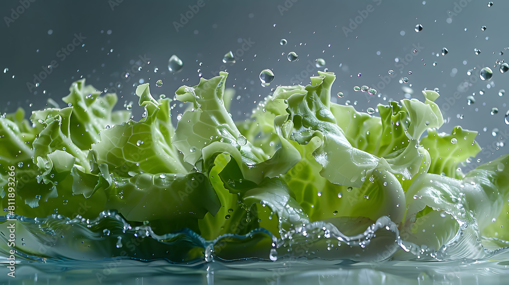 A high-speed capture of meticulously diced iceberg lettuce suspended weightlessly, glistening droplets trailing in crisp focus A high-speed capture of meticulously diced iceberg lettuce suspended weightlessly, glistening droplets trailing in crisp focus