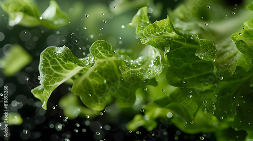 A high-speed capture of meticulously diced iceberg lettuce suspended weightlessly, glistening droplets trailing in crisp focus