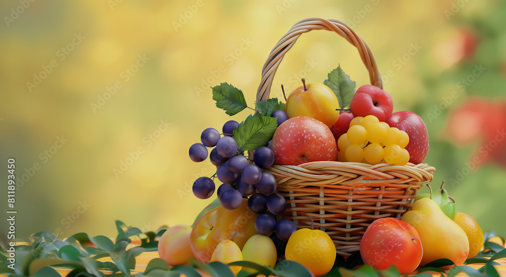 A colorful wicker basket filled with a variety of fresh fruits including grapes, apples, and pears, set against a vibrant yellow background. A colorful wicker basket filled with a variety of fresh fruits including grapes, apples, and pears, set against a vibrant yellow background.