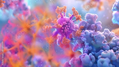 Virus particles interacting with human cells, rendered in stunning blues and purples. The image captures the dynamic, intricate relationship between pathogens, host cells, highlighting the complexity photo