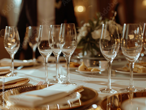 A table with gold plates and glasses.