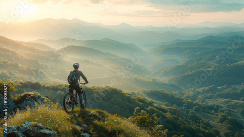 A cyclist stands with his bike, admiring a breathtaking sunrise over misty, rolling mountains.