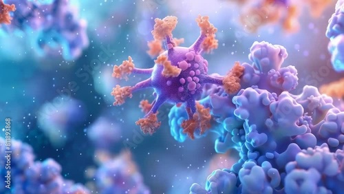 Virus particles interacting human cells, rendered in stunning blues, purples. Visual represents intricate details of genetic material, symbolizing scientific discovery, exploration of human genetics photo