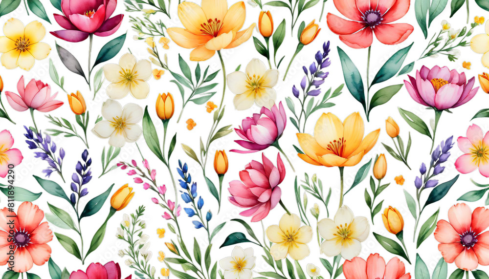horizontal seamless stock floral beautiful illustration pattern flowers watercolor tulip lilac art artwork design print hand drawn background wallpaper texture textile fabric ornament nature natural