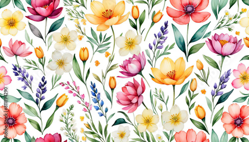 Obraz na płótnie horizontal seamless stock floral beautiful illustration pattern flowers watercolor tulip lilac art artwork design print hand drawn background wallpaper texture textile fabric ornament nature natural w salonie