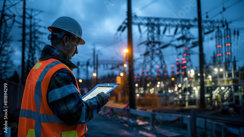An engineer in a reflective vest uses a tablet to check systems at a power grid substation during twilight.
