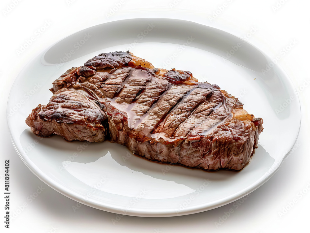 A steak on a white plate. A steak on a white plate.