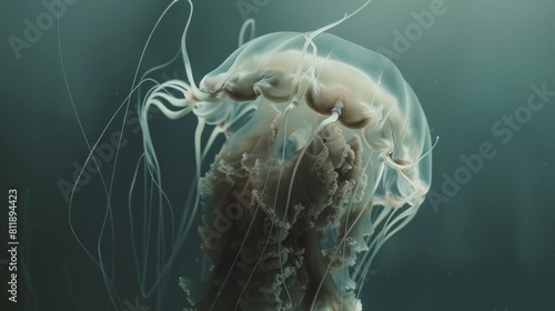 A beautiful jellyfish floats gracefully through the ocean depths, its long tentacles trailing behind it. photo