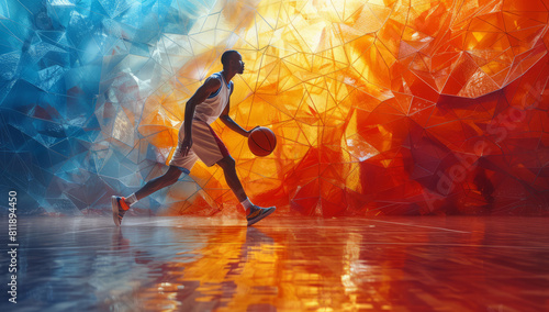 Athletic Jump Shot: Luminous Low-Poly Basketball Illustration photo